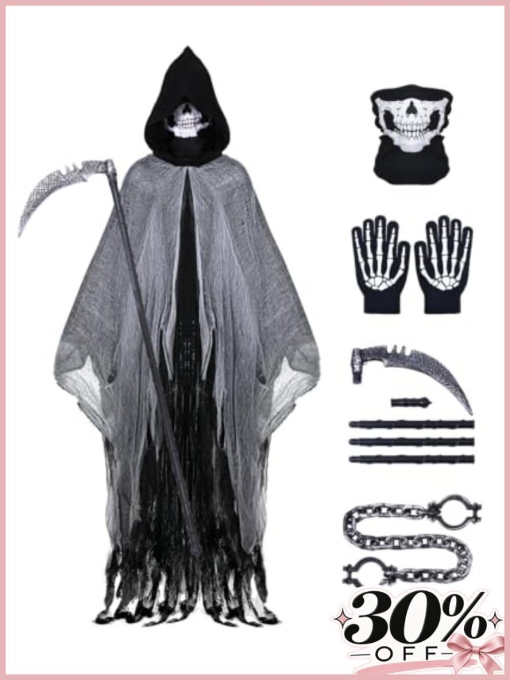 Grim Reaper Costume Hooded Cloak Skull Mask Scythe Halloween Cosplay Adult